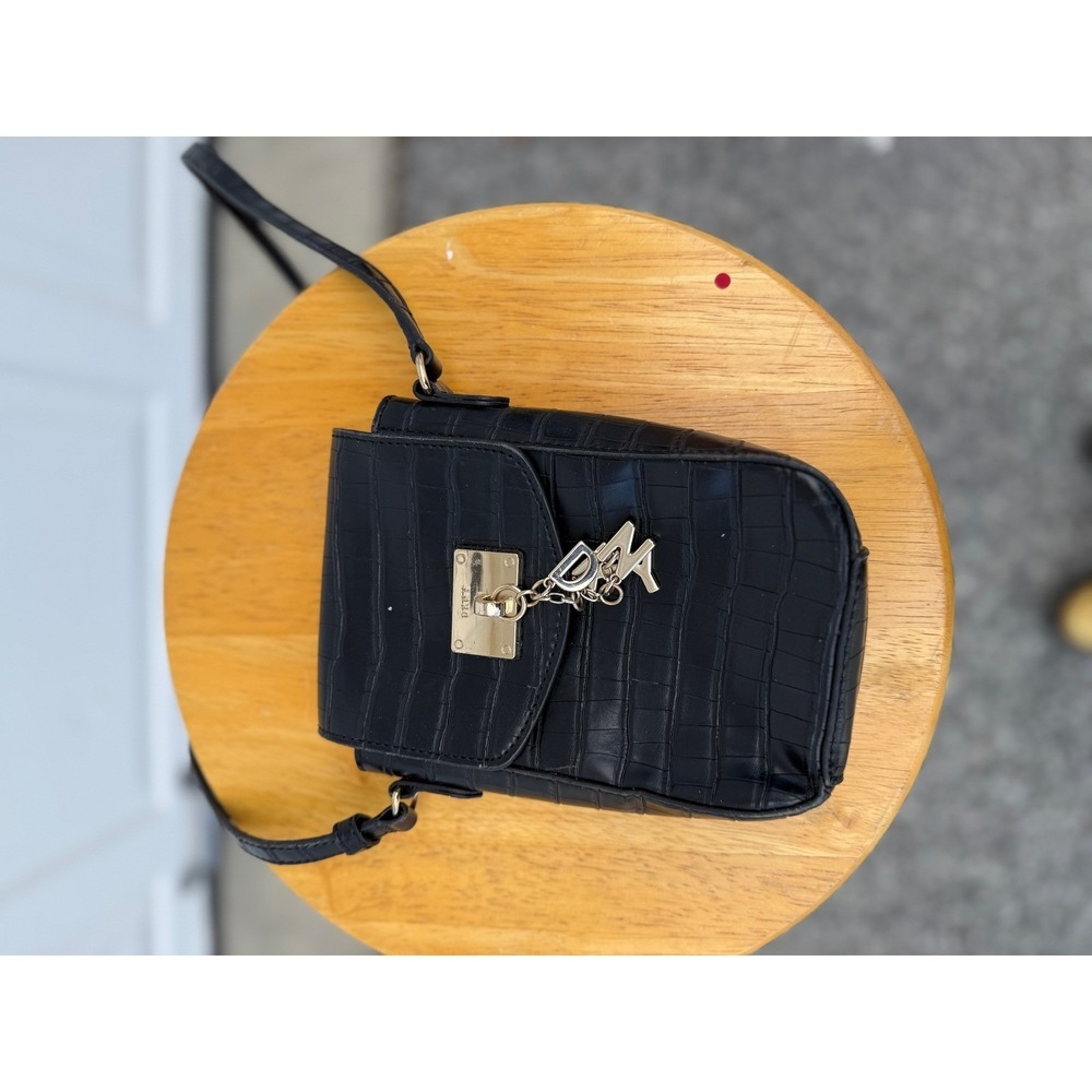 DKNY Black Croc Embossed Faux Leather Crossbody Phone Bag with Logo Charm